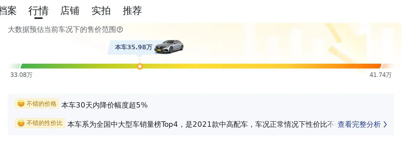二手奔驰 E 级 2021 款 E300 L 豪华型轿车,35.98 万