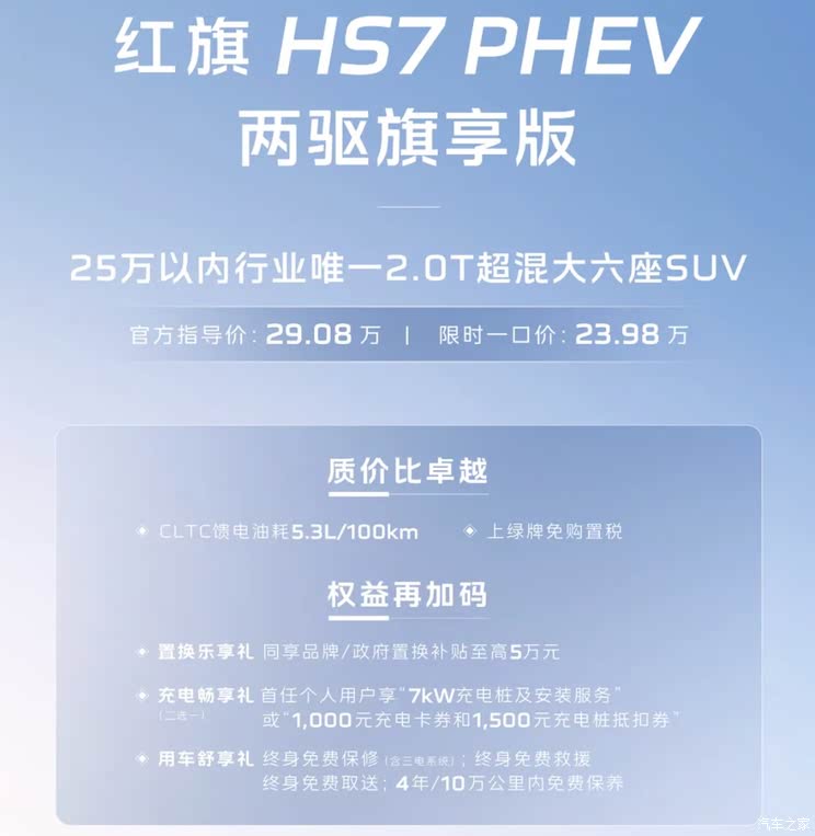 红旗HS7 PHEV两驱旗享版限时一口价23.98万元 置换补贴至高5万元